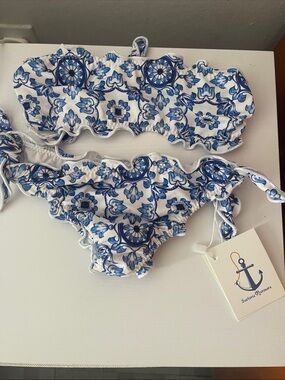 Blue and White Tile Print Kids Bikini by